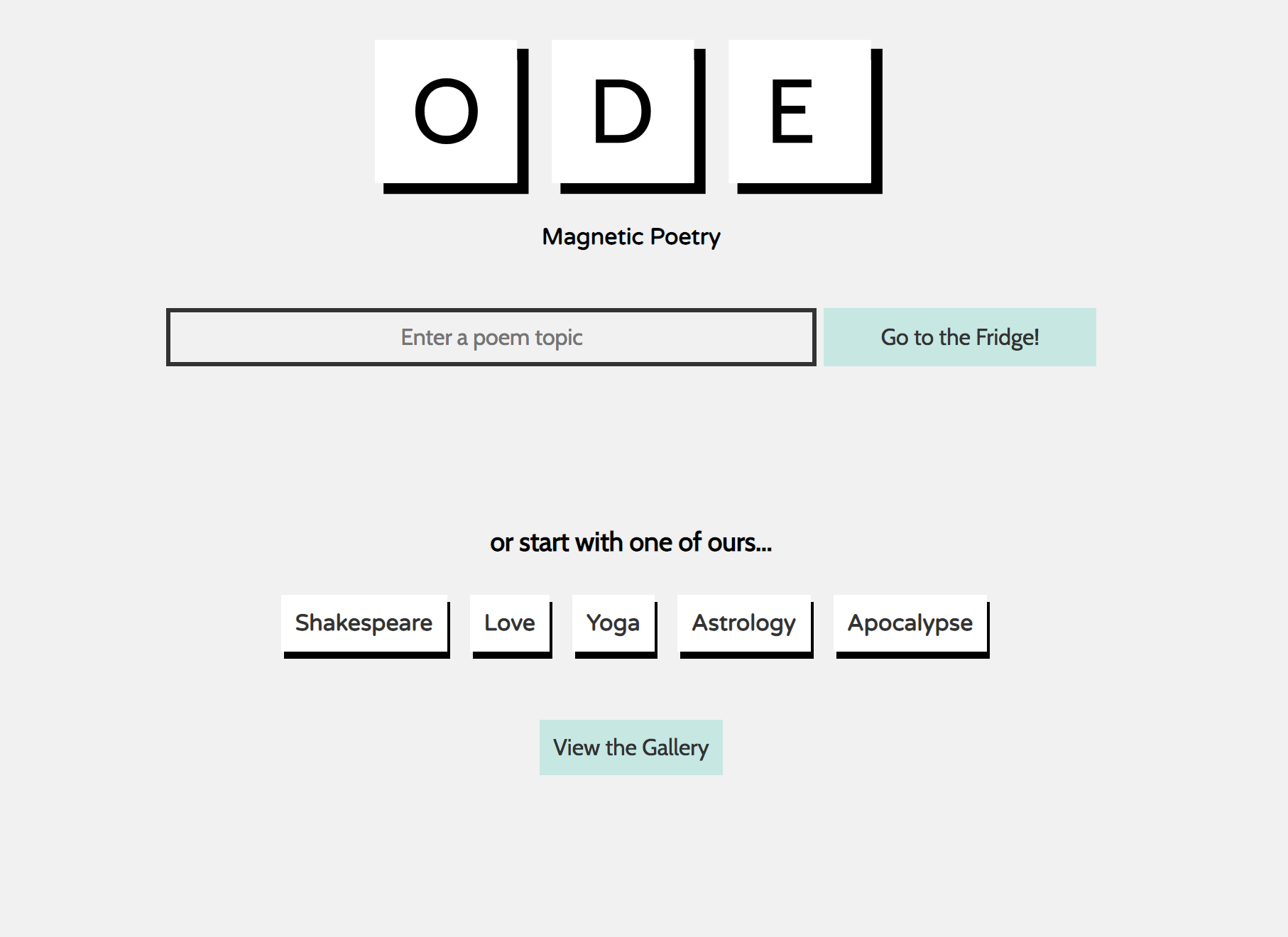 screenshot of ode poetry home page with a search bar and button that says Go to Fridge